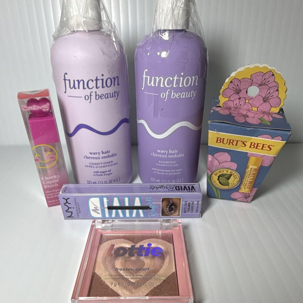 6pc Function of Beauty Wavy Shampoo & Conditioner, NYX Liner, Lottie Highlighter
